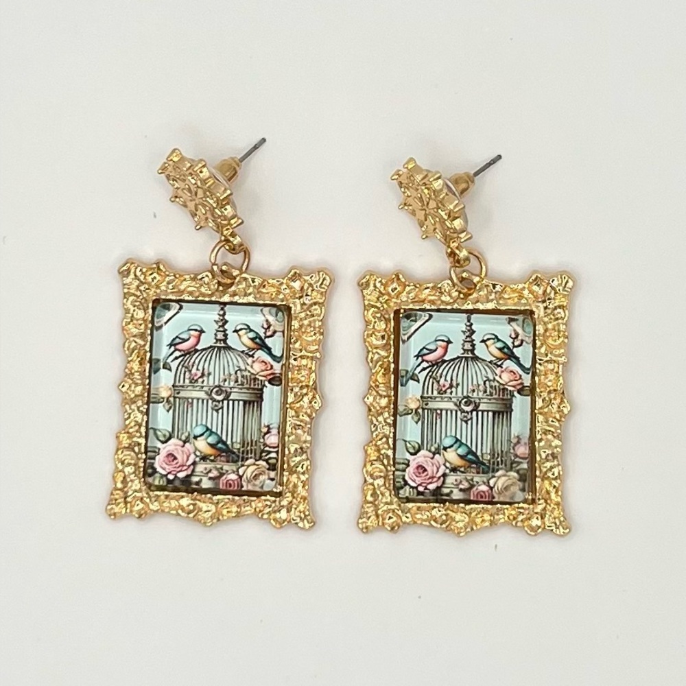 Vintage-Inspired Birdcage Floral Frame Drop Earrings